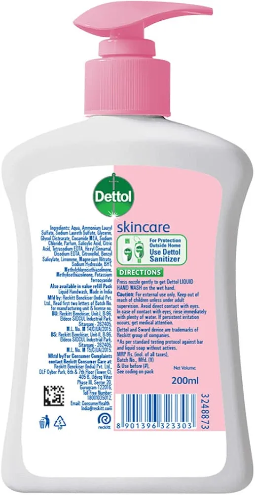 Dettol Liquid Handwash Dispenser Bottle Pump - Skincare Moisturizing Hand Wash (Pack of 3 - 200 ml each) | pH Balanced | 10x Better Germ Protection