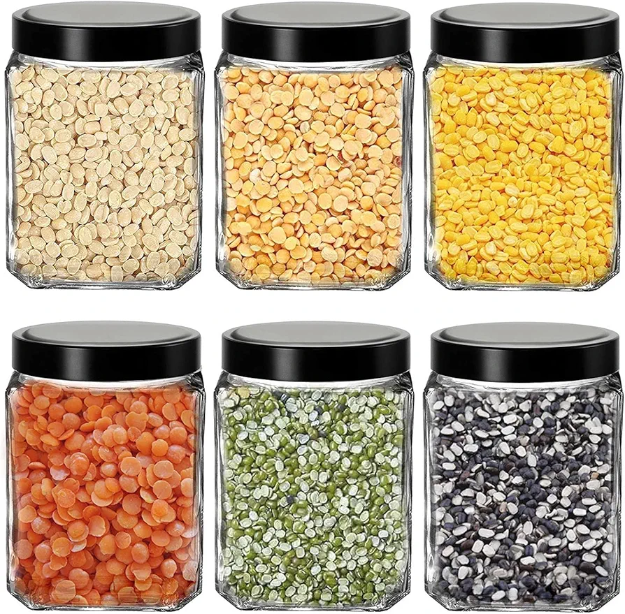 Glass Cubical Square 600ml Transparent Glass Jars & Containers for Kitchen, Snacks, Masala, Jams, Pickles, Cookies, Dry Fruits, Coffee Storage with Black Plastic Lid (600ml, Set Of 6)