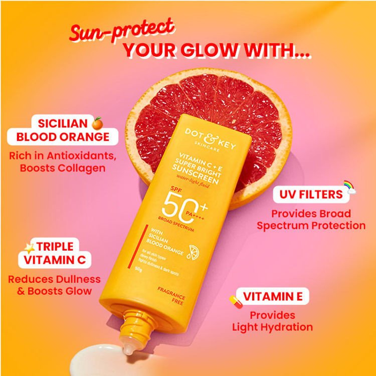 Dot & Key Vitamin C + E Super Bright Sunscreen SPF 50+ PA++++, Water-Light Fluid, Boosts Glow