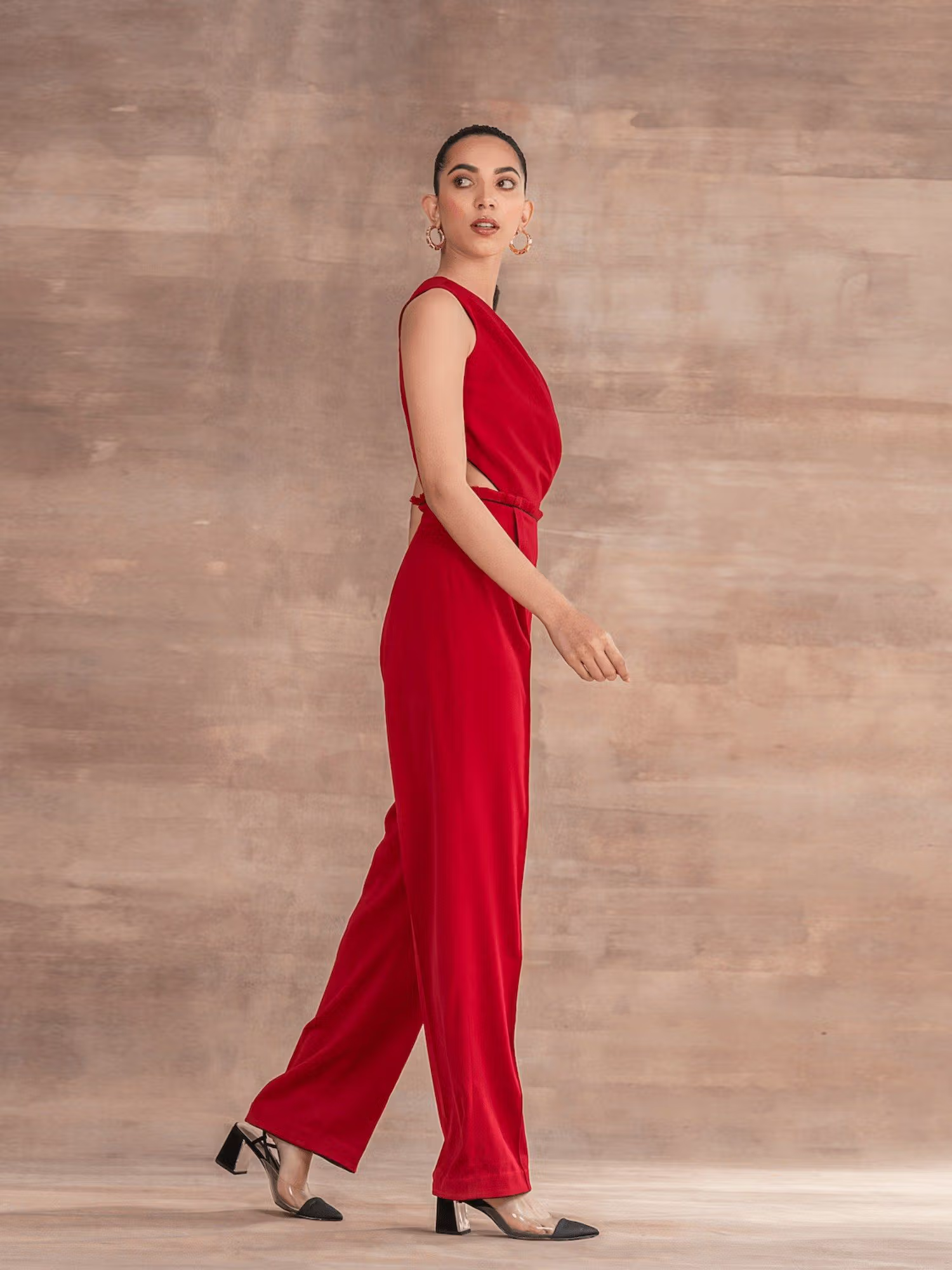 Donna-red One Shoulder Draped Jumpsuit With Waist Cut-out Detail