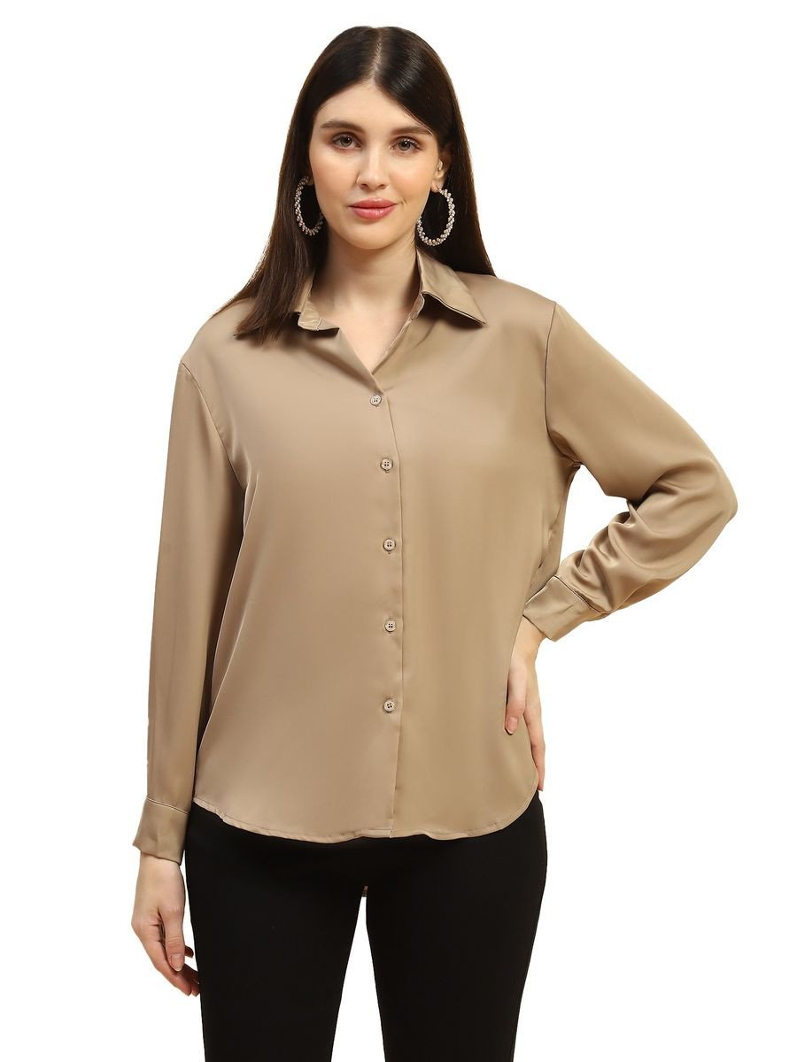 Solid Relaxed Fit Full Sleeves Collar Neck Brown Shirt