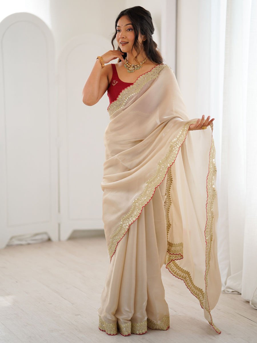 Women Satin Beige Embroidered Saree with Unstitched Blouse