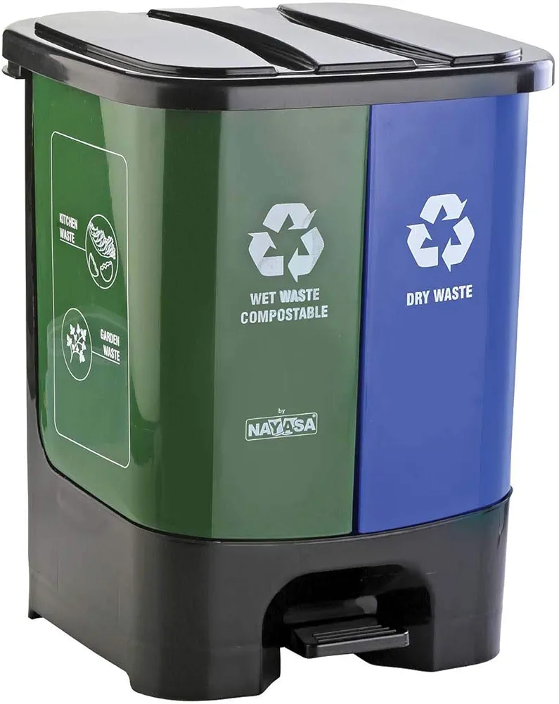 Nayasa 2-in-1 Pedal Dustbin – 19 L (9.5 L Each) | Dual Compartment Wet & Dry Waste Bin with Detachable Inner Bins | Hygienic Plastic Pedal Bin | Green & Blue