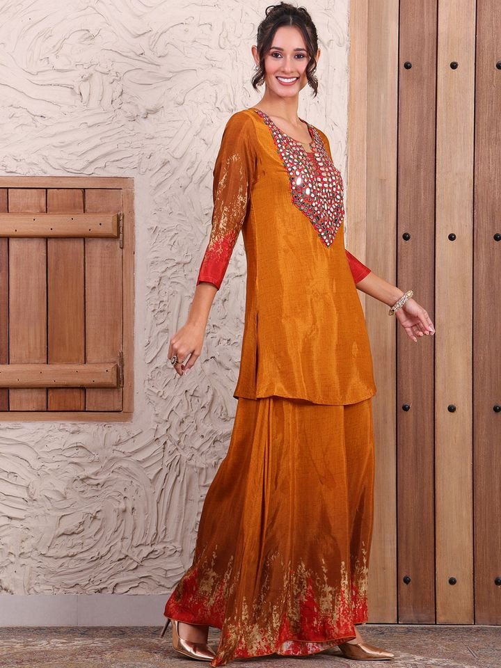 Mustard Printed Pure Muslin Indo Western Women Kurti with Sharara