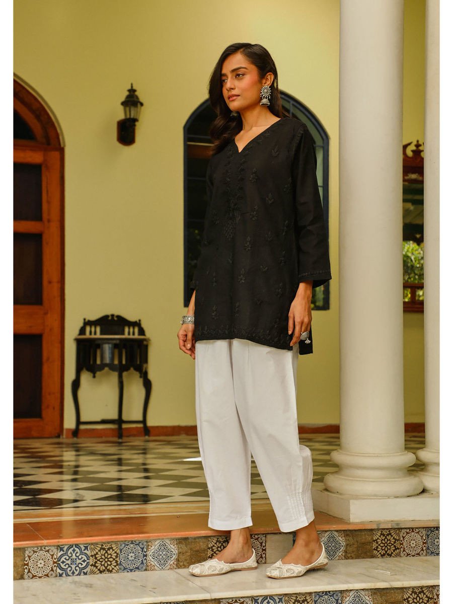 Cotton Chikankari Womens Short Kurti - Black