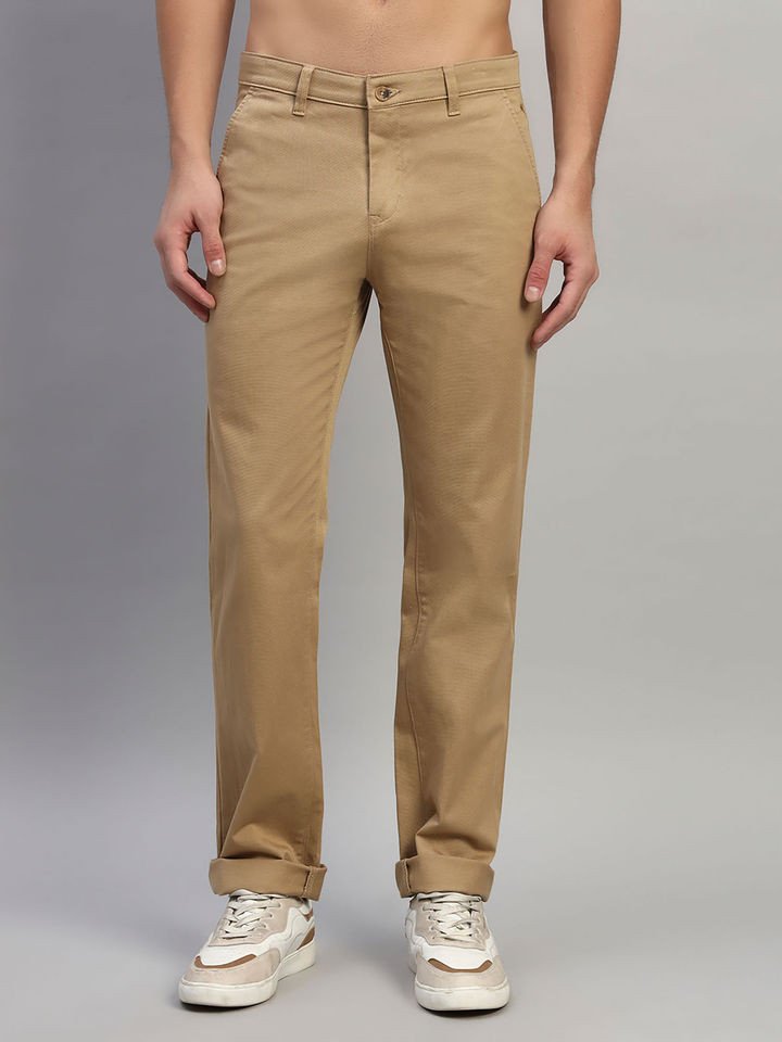 Cantabil Men Khaki Solid Regular Fit Casual Trouser