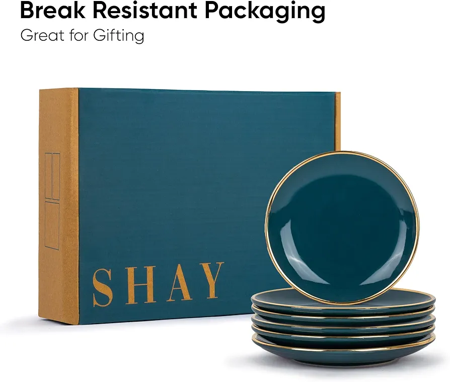 Ceramic Quarter Plates Set Of 6, Teal Gold Goldline Series | Glossy Finish | Snacks Plates Set Of 6 | Dessert Plates | Snack Plate | Small Plates (Quarter Plates - Teal Gold)