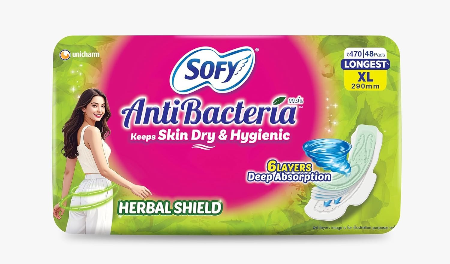 Sofy AntiBacteria XL - 290mm | 48 Count pads | For Women Sanitary Pads | Keep Skin Dry | 6 Layer Deep Absorption | Herbal Shield | Hygiene & Herbs | X-Large