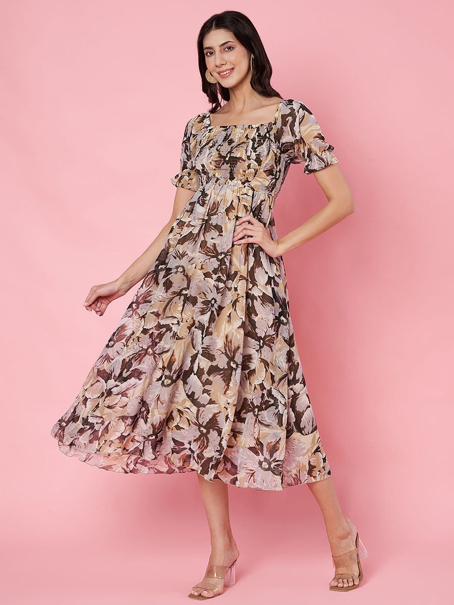 Beige Floral Print Puff Sleeve Chiffon Fit & Flare Midi Dress