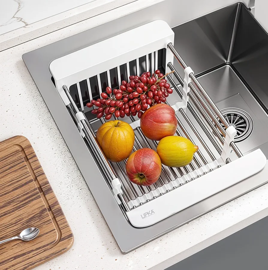 Adjustable Sliding Vegetable Basket for Kitchen Sinks | Expandable Upto 50cm | Stainless Steel Retractable Kitchen Dish Dryer/Rack Sink Basket | Strainer for Utensils, Fruits, Vegetables