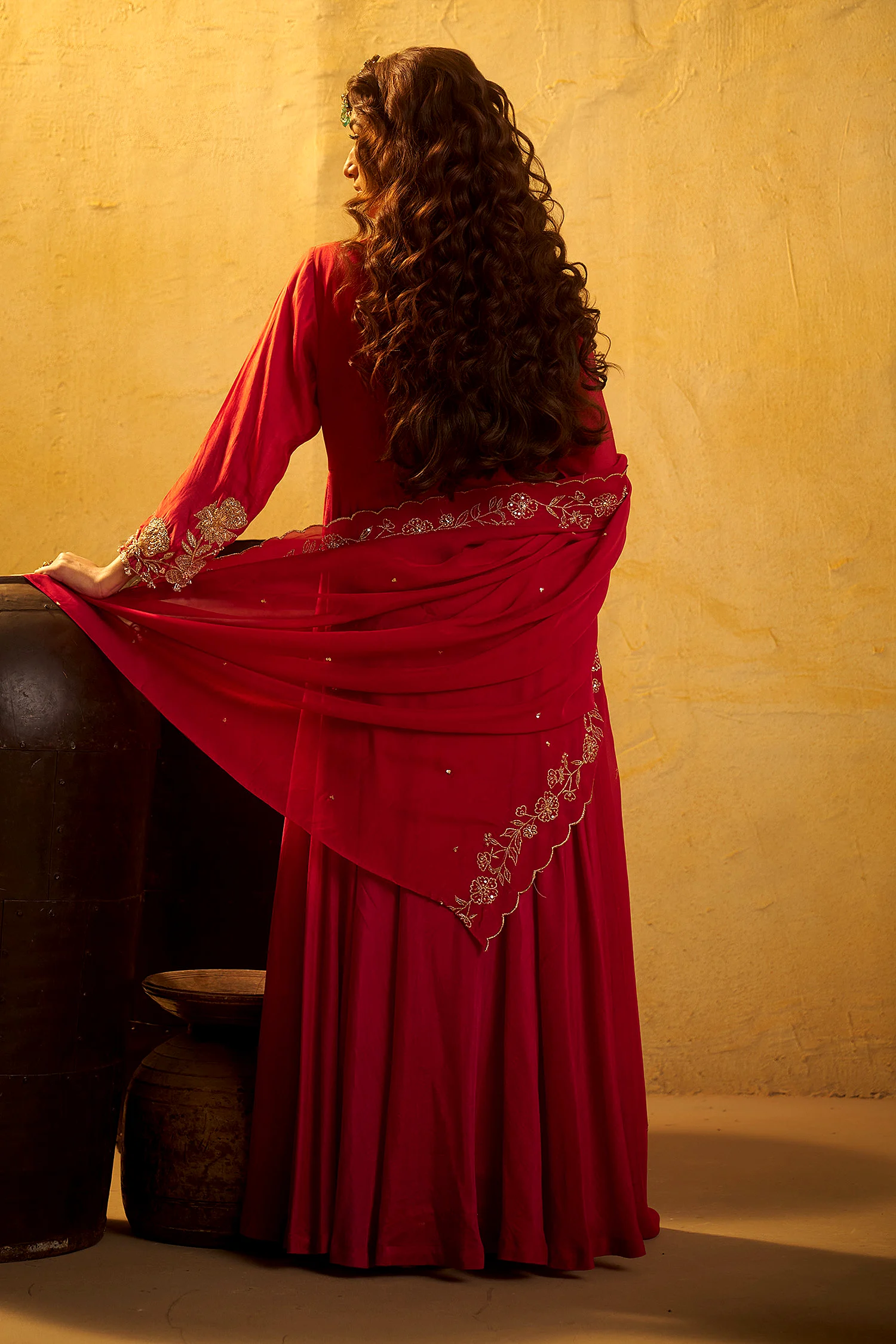 Red Cotton Satin, Cotton, Silk, Organza Embroidery, Hand Anarkali Sharara Set