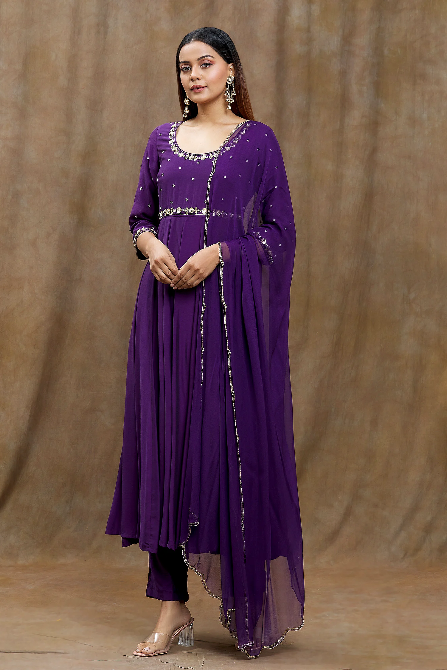 Purple , Cotton, Chiffon, Silk Embroidery Hand Anarkali Set