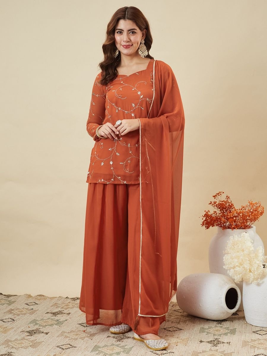 Women Orange Georgette Kurta with Palazzo and Dupatta