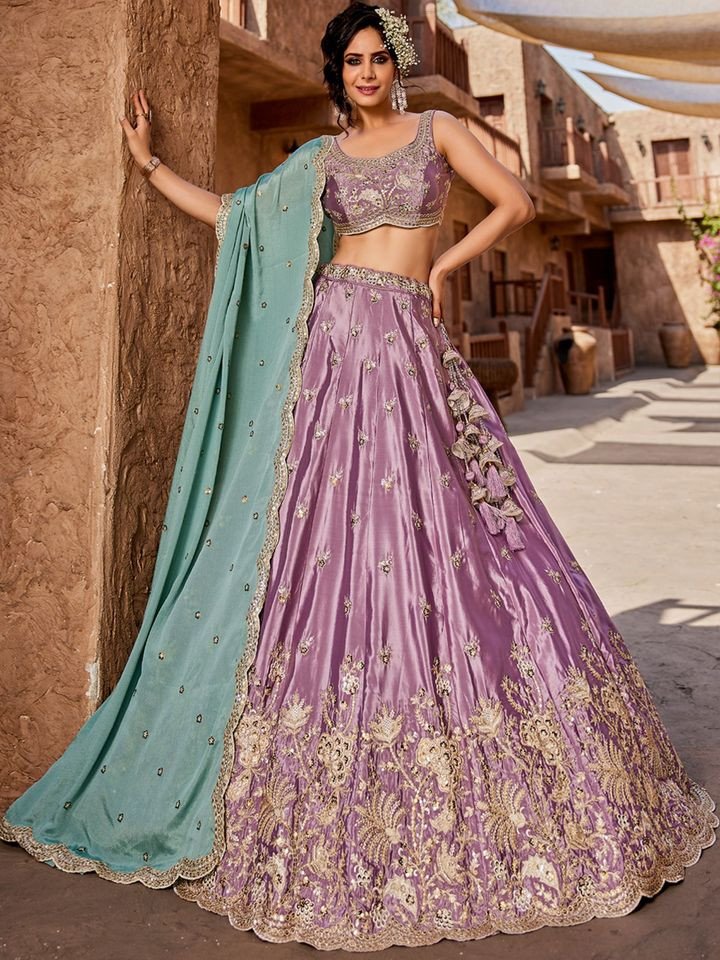 Purple Sequined Embroidery Semi-Stitched Lehenga with Blouse and Dupatta (Set of 3)