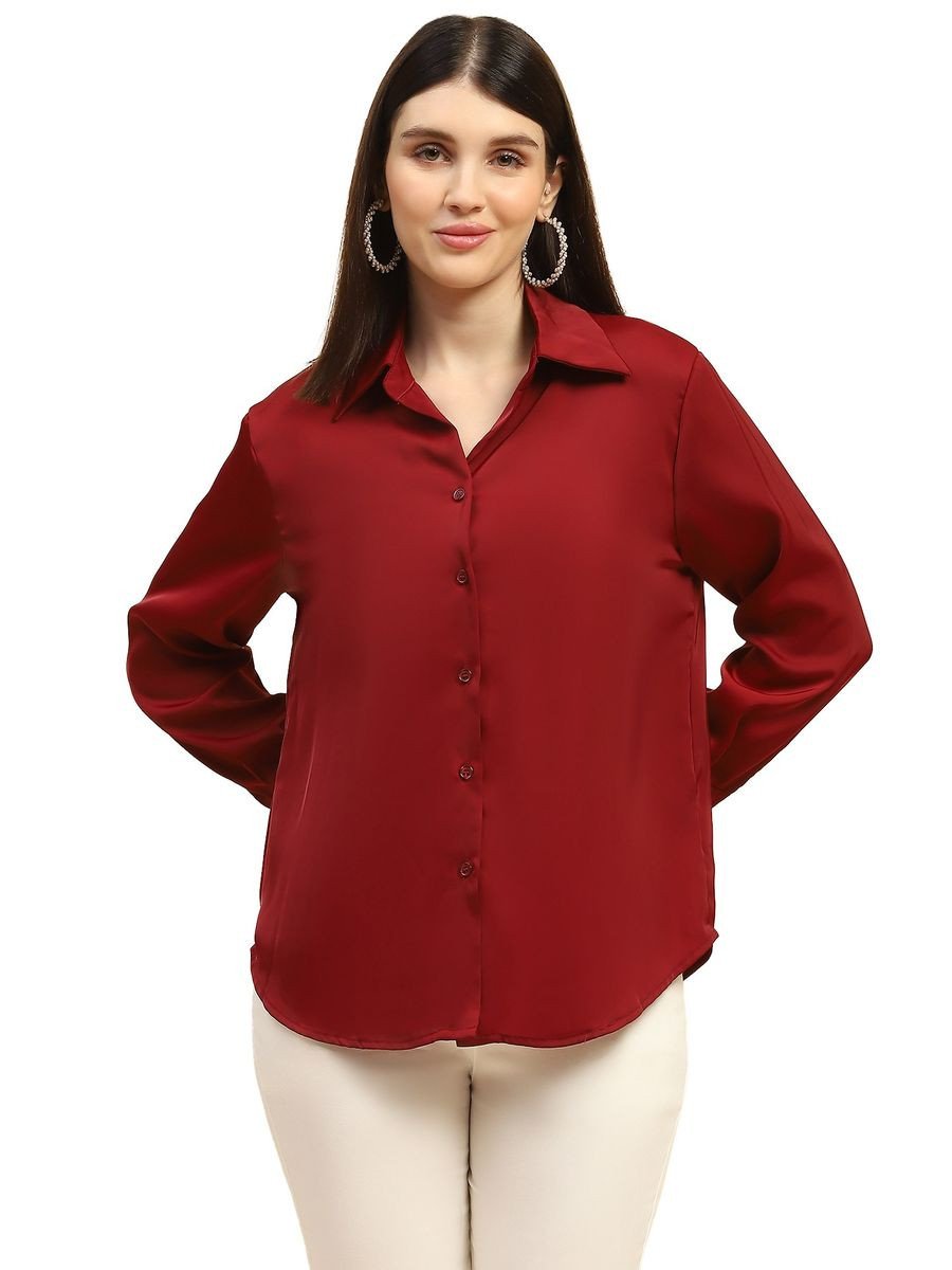 Solid Relaxed Fit Full Sleeves Collar Neck Red Shirt