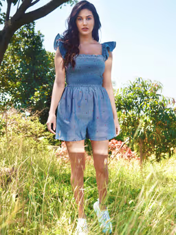 Blue Denim Frill Shoulder Playsuit