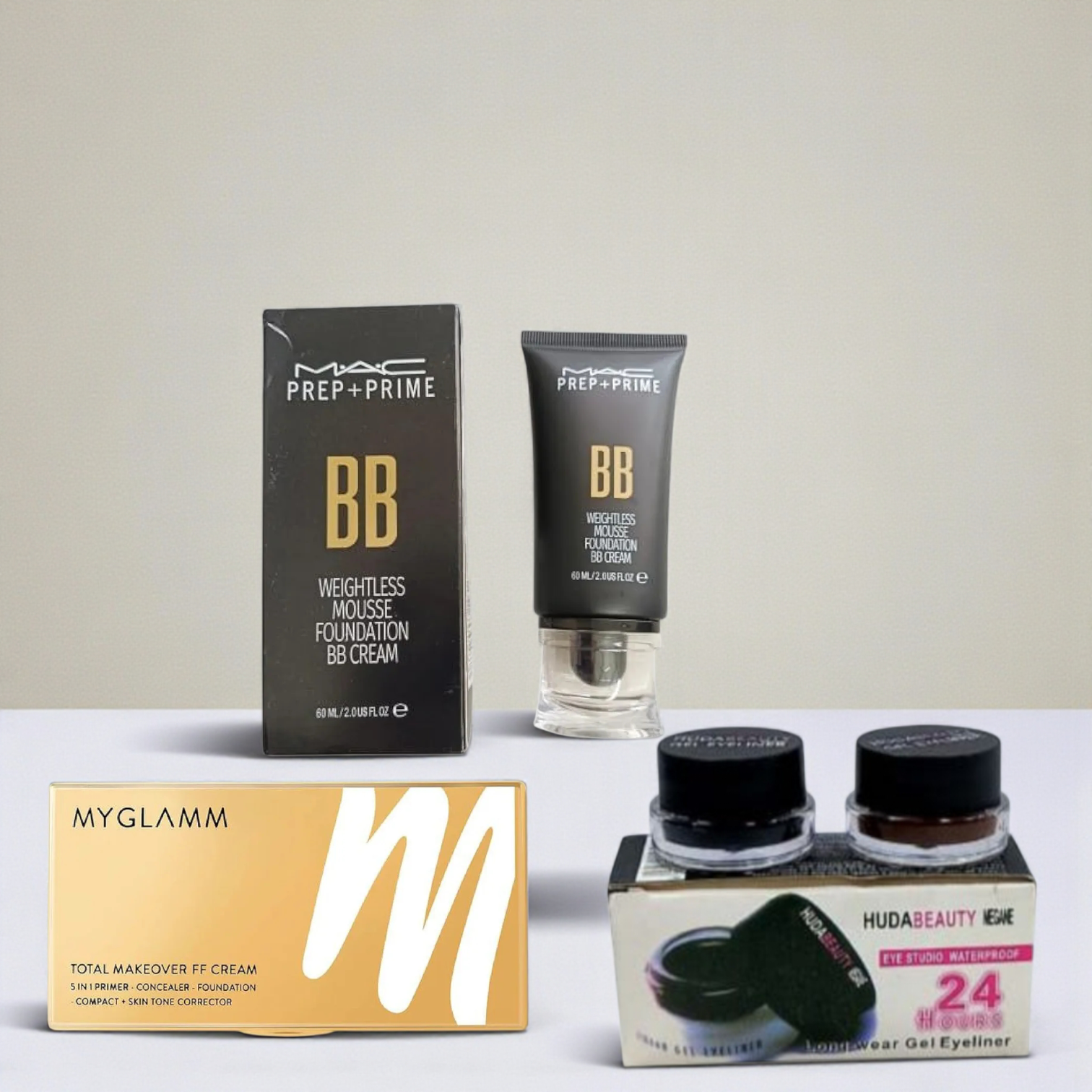 3 Product Combo Set- MAC Prep-prime BB Weightless mousse foundation BB cream, Huda Beauty Water Proof Long Lasting Gel Eyeliner Black and Brown, MyGlamm Total Makeover FF Cream, 5-in-1 Primer Conceale