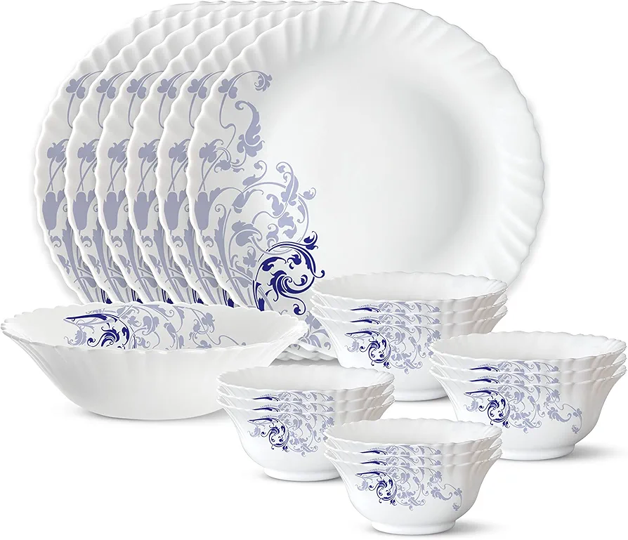 Larah by Borosil Silk Series Opalware Dinner Set | 19 Pieces for Family of 6 | Microwave & Dishwasher Safe | Bone-Ash Free | Crockery Set for Dining & Gifting | Plates & Bowls (Blue Eve)