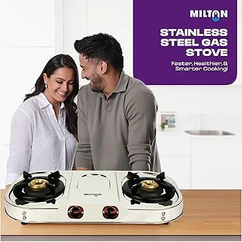 MILTON Royal Stainless Steel LPG Gas Stove 2 Burners | ISI Certified Manual Ignition 2 Burner Gas Stove | 360 Degree Nozzle | High Powered Brass Burners | 1 Year Manufacturer's Warranty