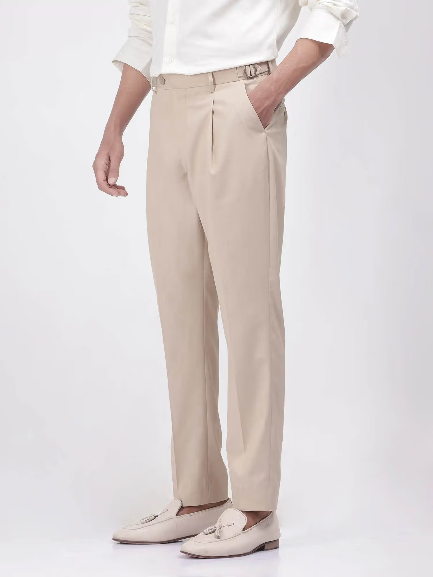 Naji Beige Plain Relaxed Fit Trouser