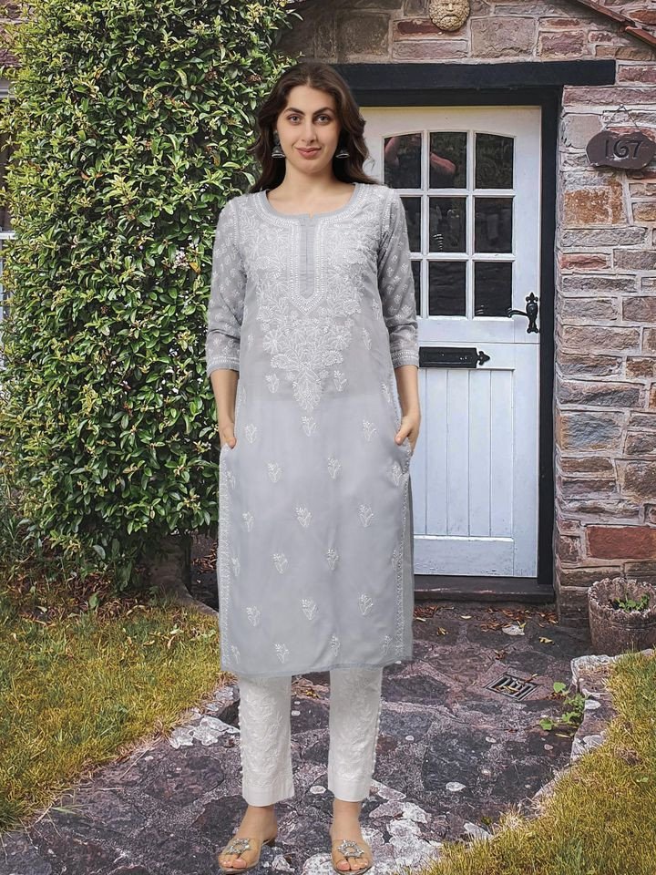 Hand Embroidered Grey Terivoil Cotton Lucknowi Chikankari Kurta