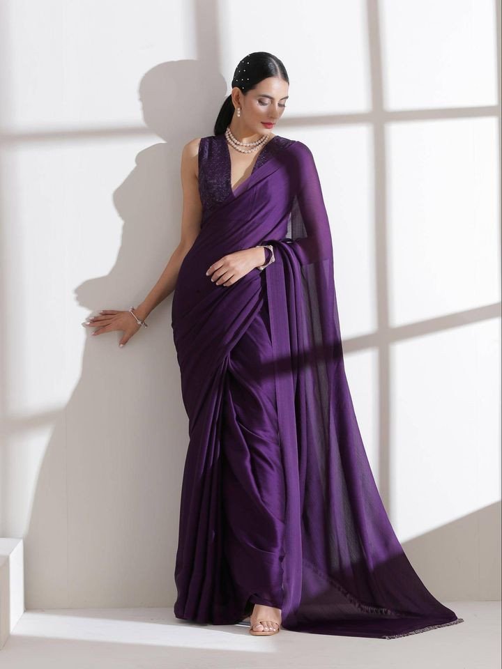 Royal Amethyst Purple Saree with Embroidered with Unstitched Blouse