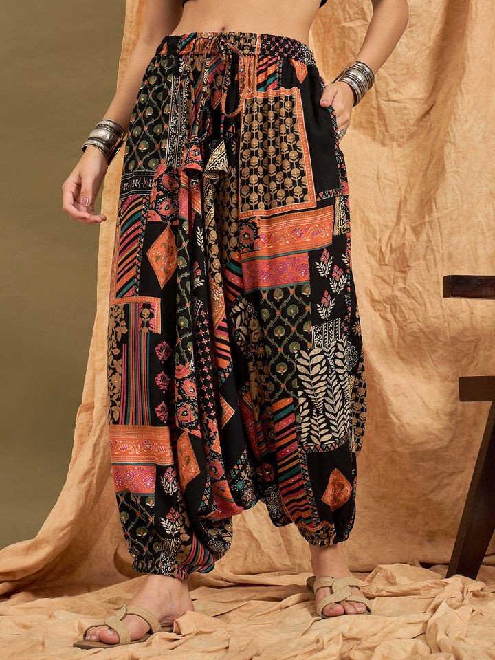 Black Multi Ethnic Cowl Harem Pant