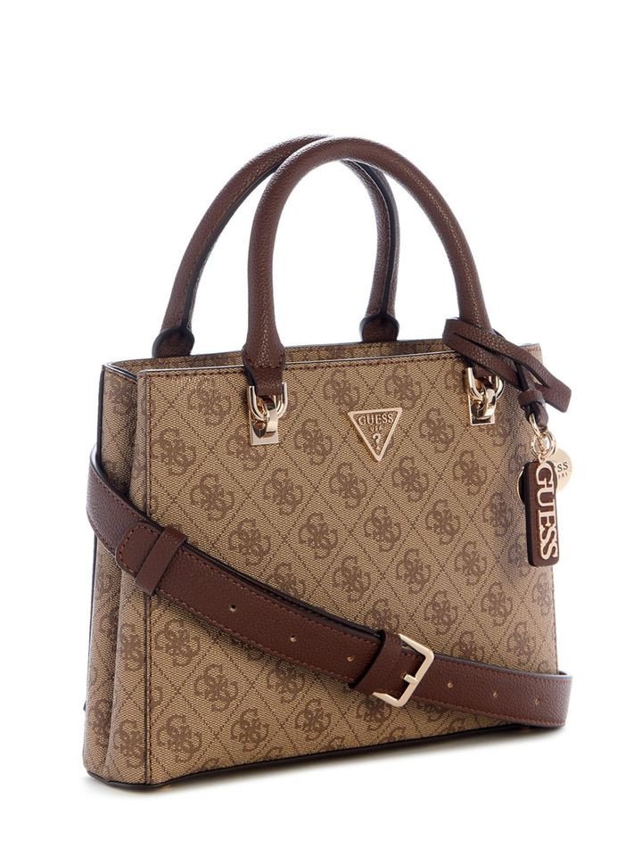 Guess Beige Printed Zipper Satchel Bag with Detachable Strap