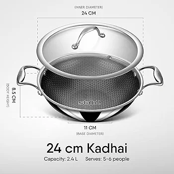 Stahl Artisan Hybrid Triply Non Stick Kadai with Lid 2.4 L, 24 cm, Stainless Steel Kadai for Cooking, Triply Kadhai Metal Spatula Friendly, Induction & Gas Stove Compatible,