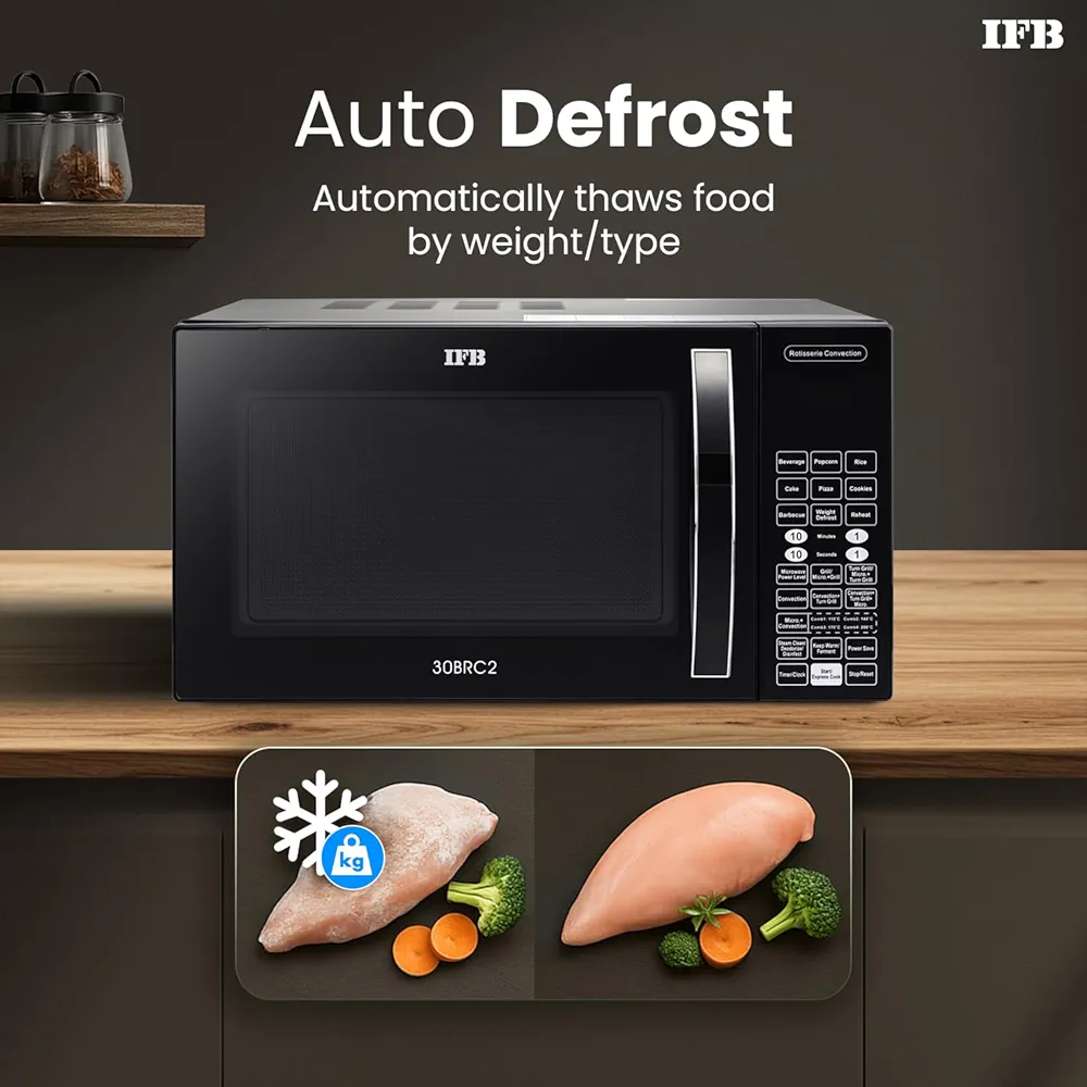 IFB 30L Convection Microwave Oven with 101 Standard Cook Menus (30BRC2, Black, 360 Degree Motorized Rotisserie, Weight Defrost, Steam Clean, Grill & 4 combi cook modes, 10 Power Levels)
