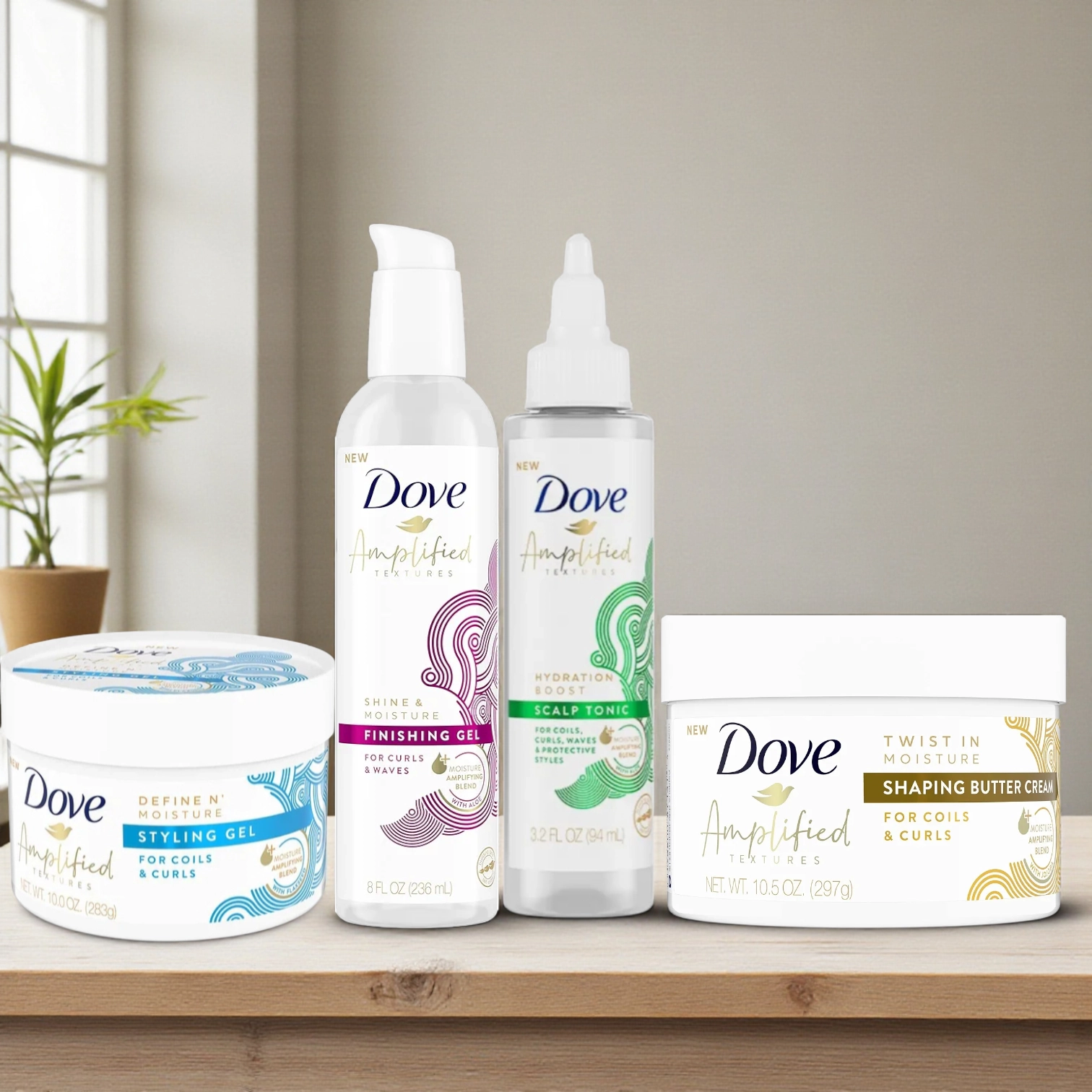 Dove Hair Care Combo- Amplified Textures Hydration Boost Scalp Tonic,Dove Amplified Textures Define N' Moisture Styling Gel,Amplified Textures, Shine & Moisture, Finishing Gel,Dove Amplified Twist In 