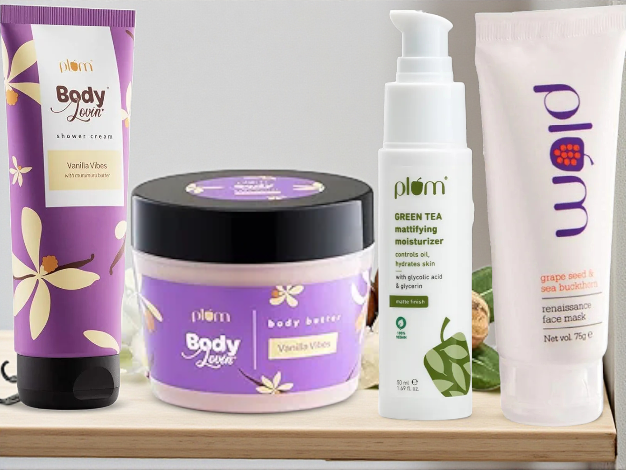 PLUM Combo Body Butter, Body Wash,Renaissance Face Mask, Green Tea Moisturizer