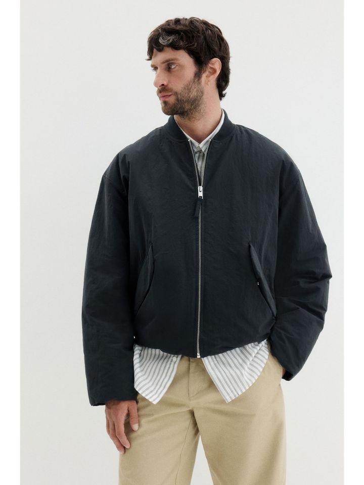 H&M Men Black Loose Fit Nylon Bomber Jacket