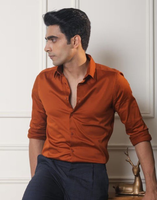 Men Copper Slim Fit Solid Spread Collar Cotton Satin Evening Shirt