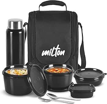 MILTON Pro Lunch Box with Steel Cutlery, 3 Microwave Safe Inner Steel Containers (180ml, 320ml, 450ml) Plastic Chutney Dabba 100ml, Bottle 750ml with Insulated Bag, Office Tiffin, Black