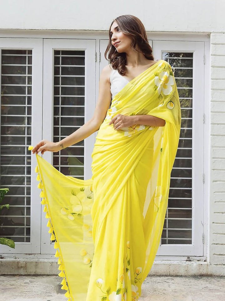 Yellow Floral Saree with Unstitched Blouse