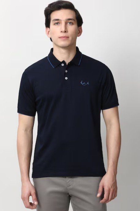 Men Navy Solid Polo Neck T-shirt