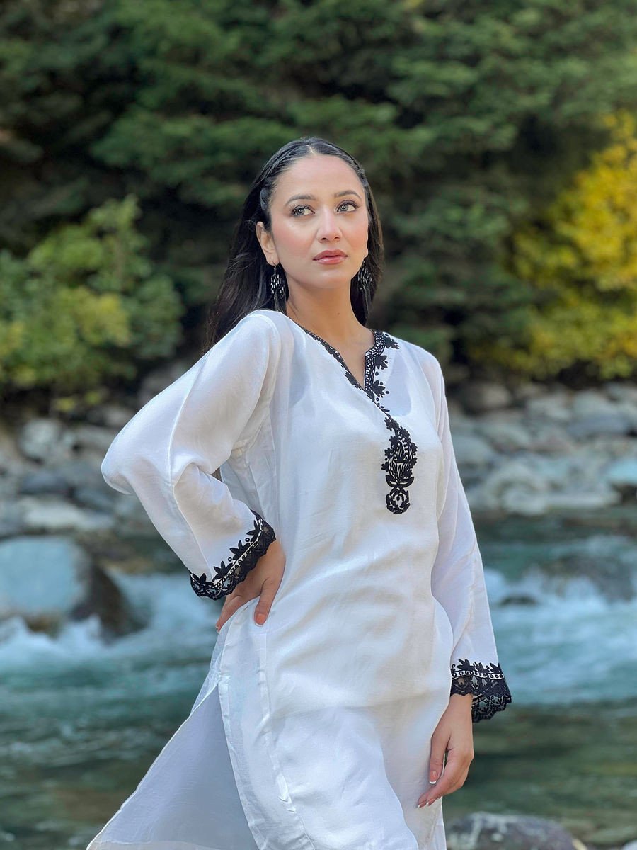 Pearly White Summer Floral Embroidered Kurti