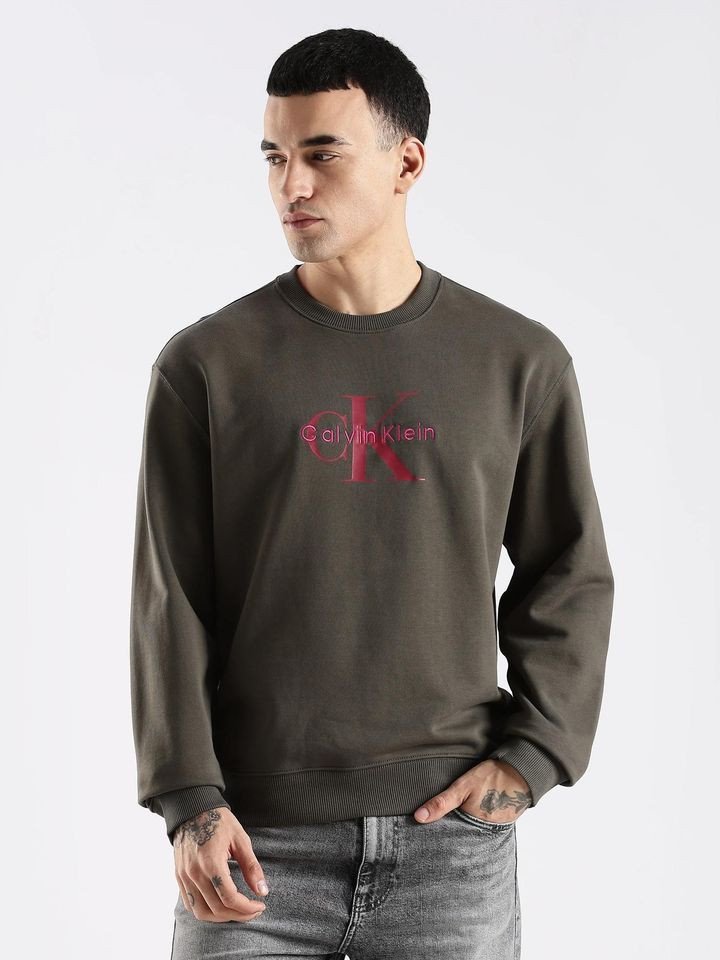 Calvin Klein Olive Logo Relaxed Fit Cotton Sweatshirt